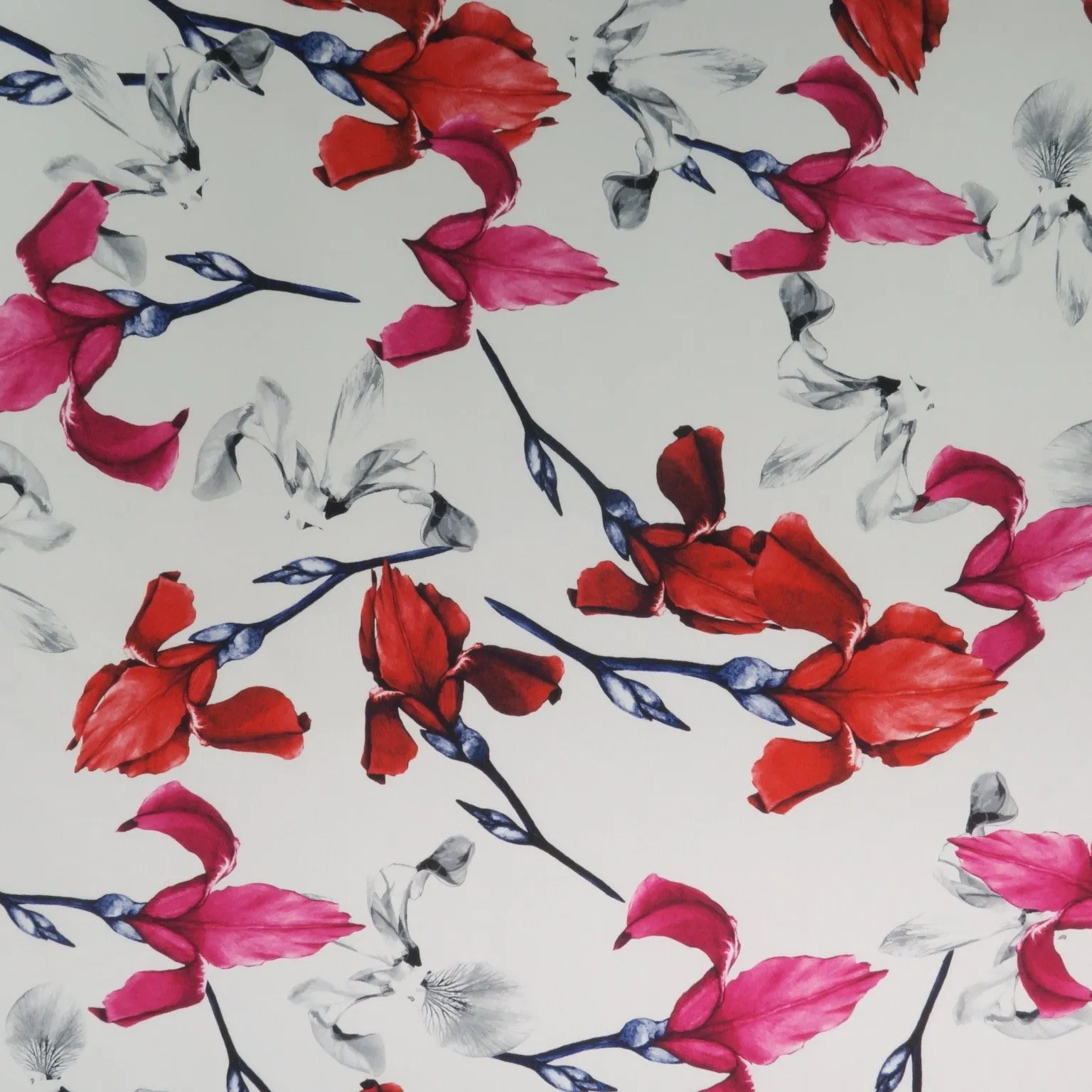 Red Floral on White Background Printed Polyester Mikado Fabric