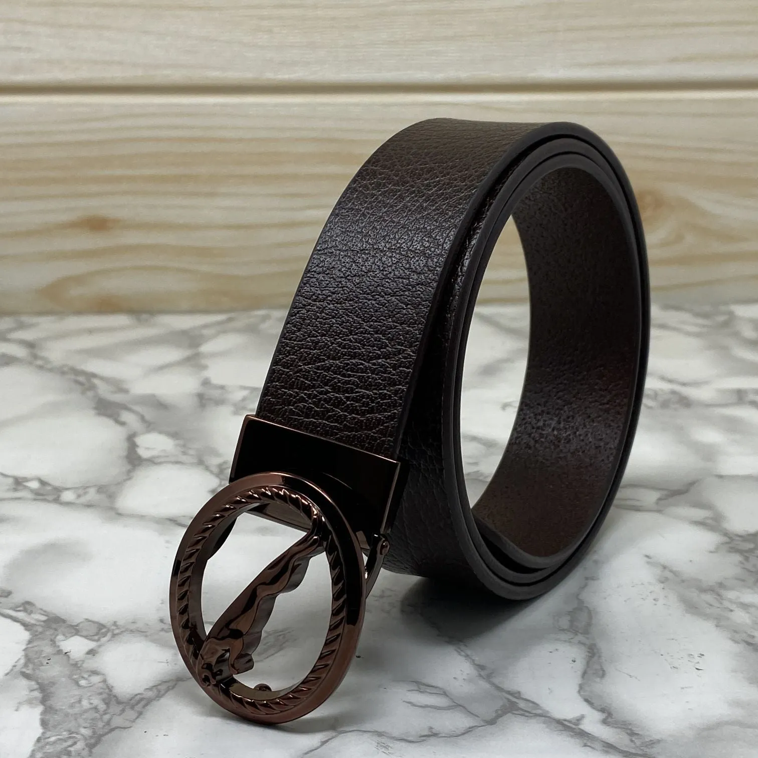 Round Jaguar Metal Buckle With Leather Strap Belt-JonasParamount