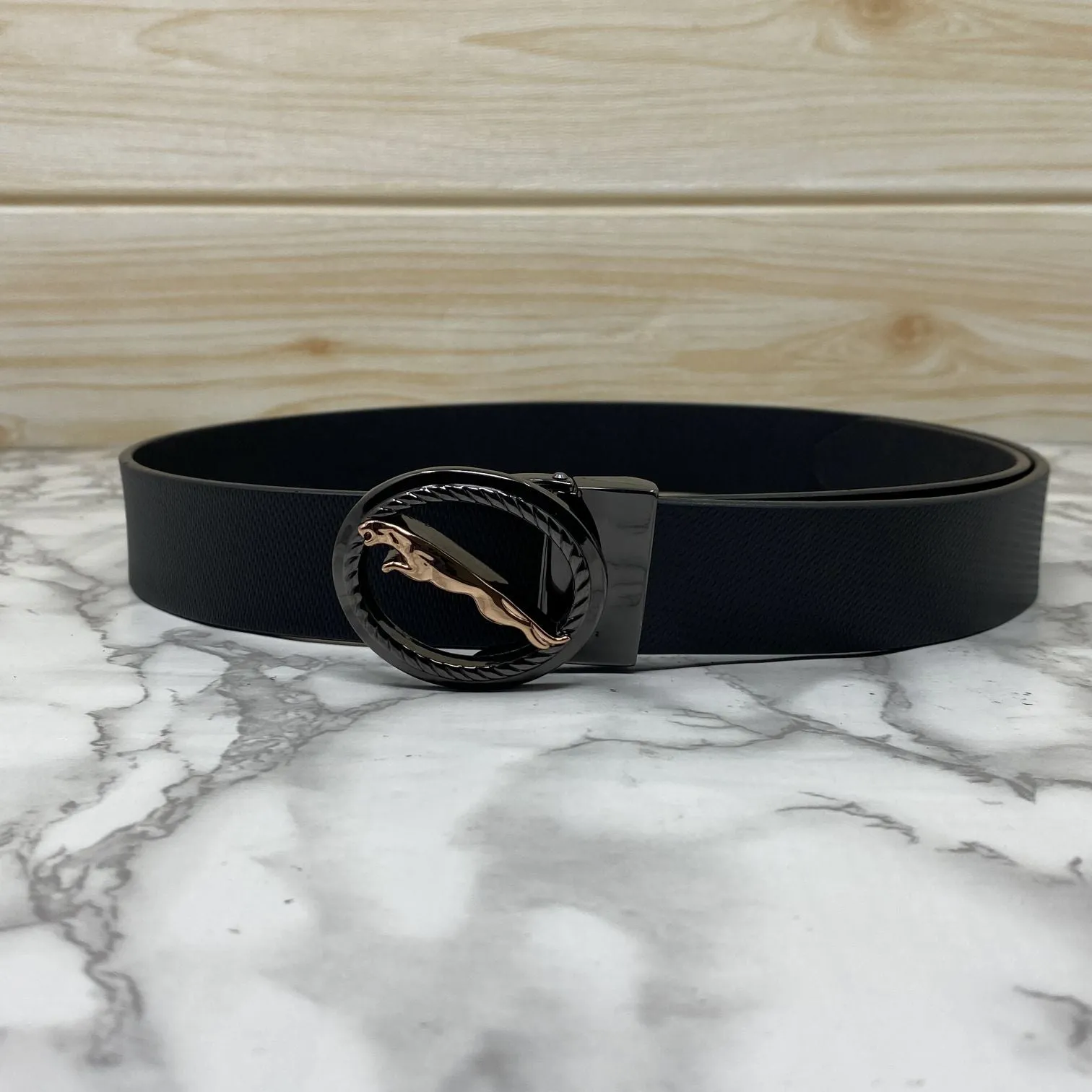 Round Jaguar Metal Buckle With Leather Strap Belt-JonasParamount