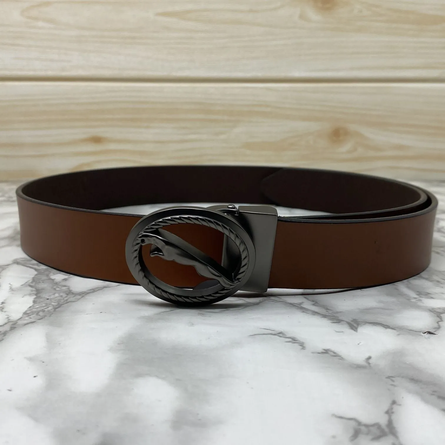 Round Jaguar Metal Buckle With Leather Strap Belt-JonasParamount