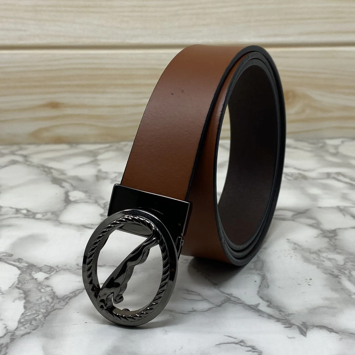 Round Jaguar Metal Buckle With Leather Strap Belt-JonasParamount