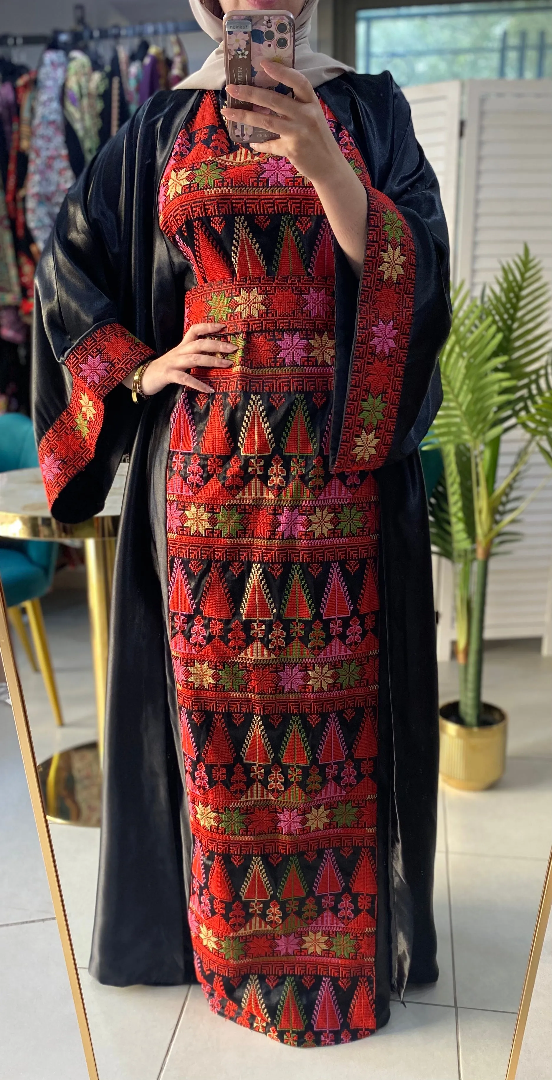 Royal Black Embroidered Dress and Abaya Set