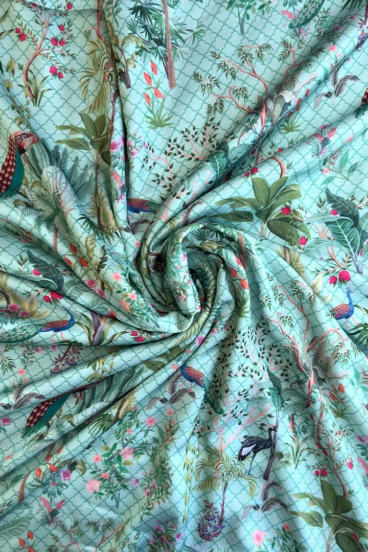 Sage Green Pichwai Printed Modal Satin Fabric