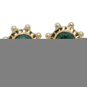 Sandra Miller Burrows 1980s Gold Tone Green Gem Pearl Clip On Earrings