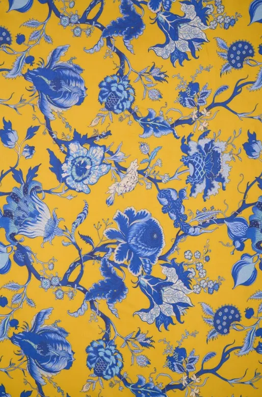 Shock Yellow Regal Floral Motif Pattern Printed Natural Muslin Silk Fabric