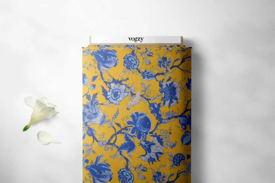 Shock Yellow Regal Floral Motif Pattern Printed Natural Muslin Silk Fabric