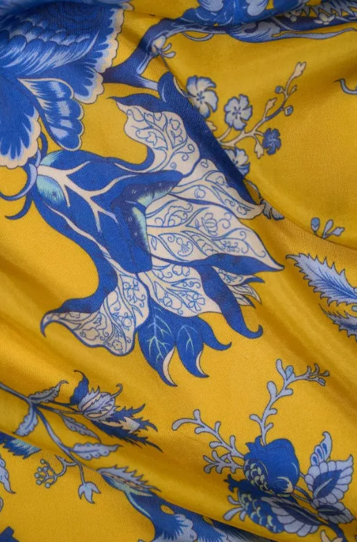 Shock Yellow Regal Floral Motif Pattern Printed Natural Muslin Silk Fabric