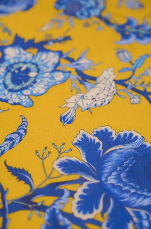 Shock Yellow Regal Floral Motif Pattern Printed Natural Muslin Silk Fabric