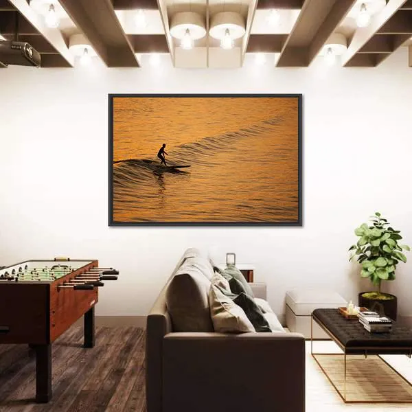 Single Surfer At Sunset On A Calm Ocean Canvas Wall Art