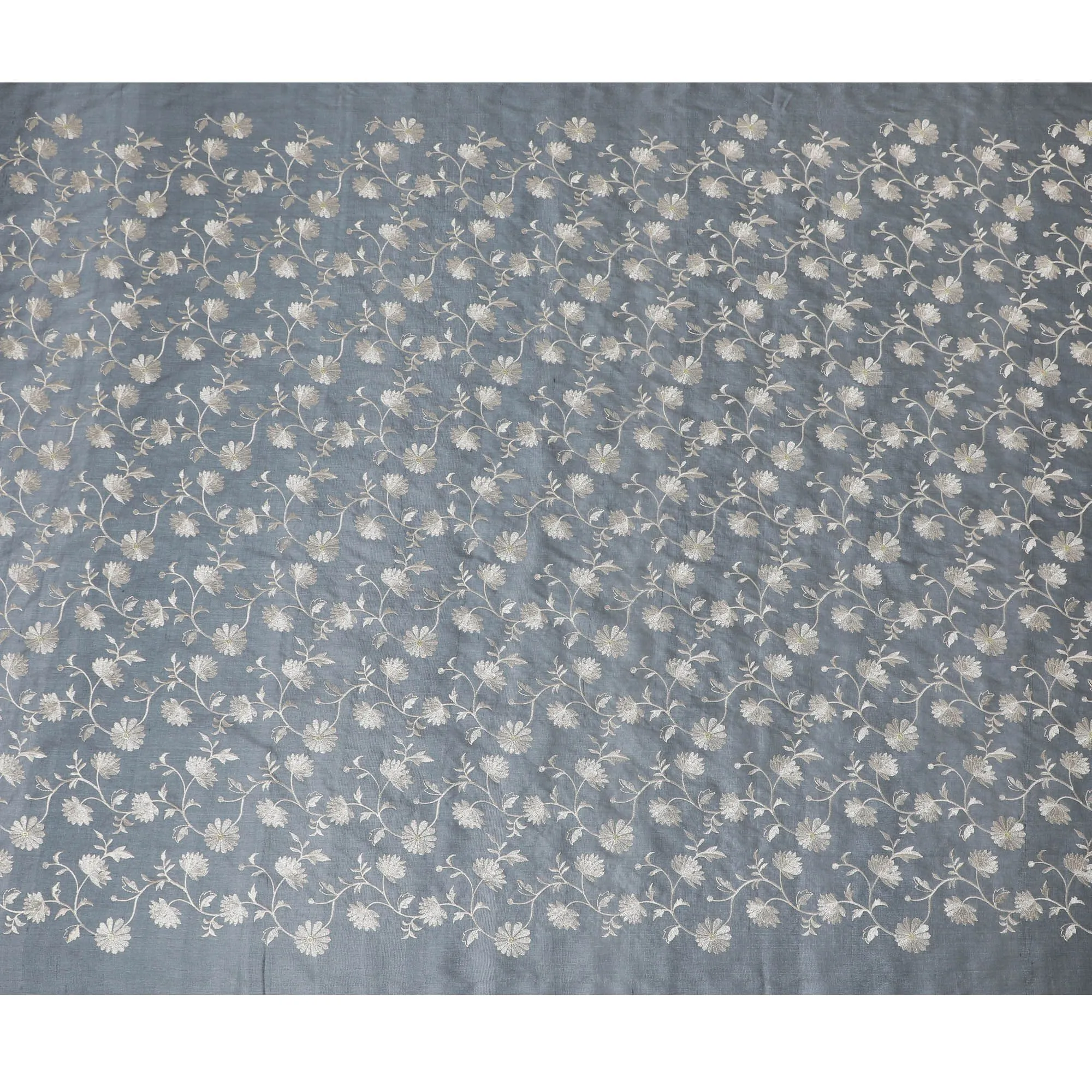 Slate Gray Tussar Silk Fabric with White Floral Embroidery, 110cm Width - Handcrafted Textile from India-D17925