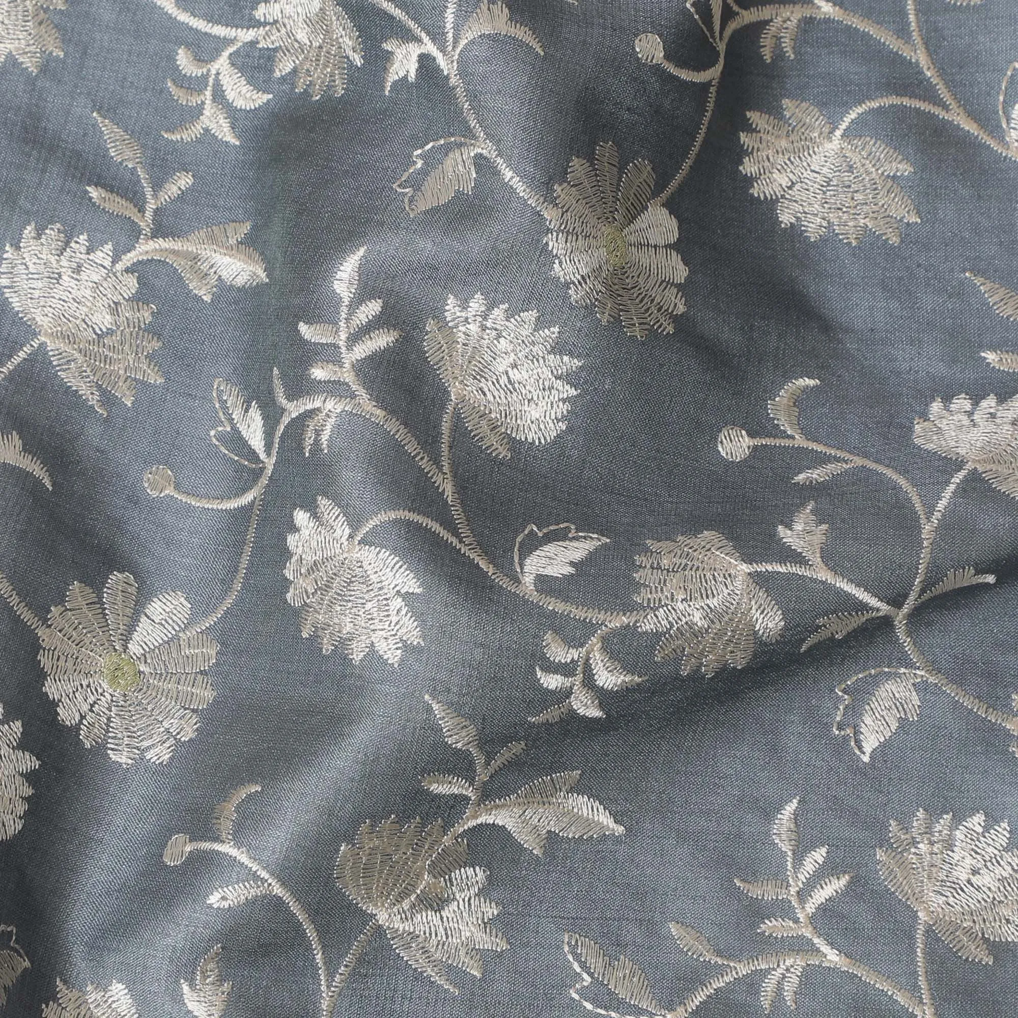 Slate Gray Tussar Silk Fabric with White Floral Embroidery, 110cm Width - Handcrafted Textile from India-D17925