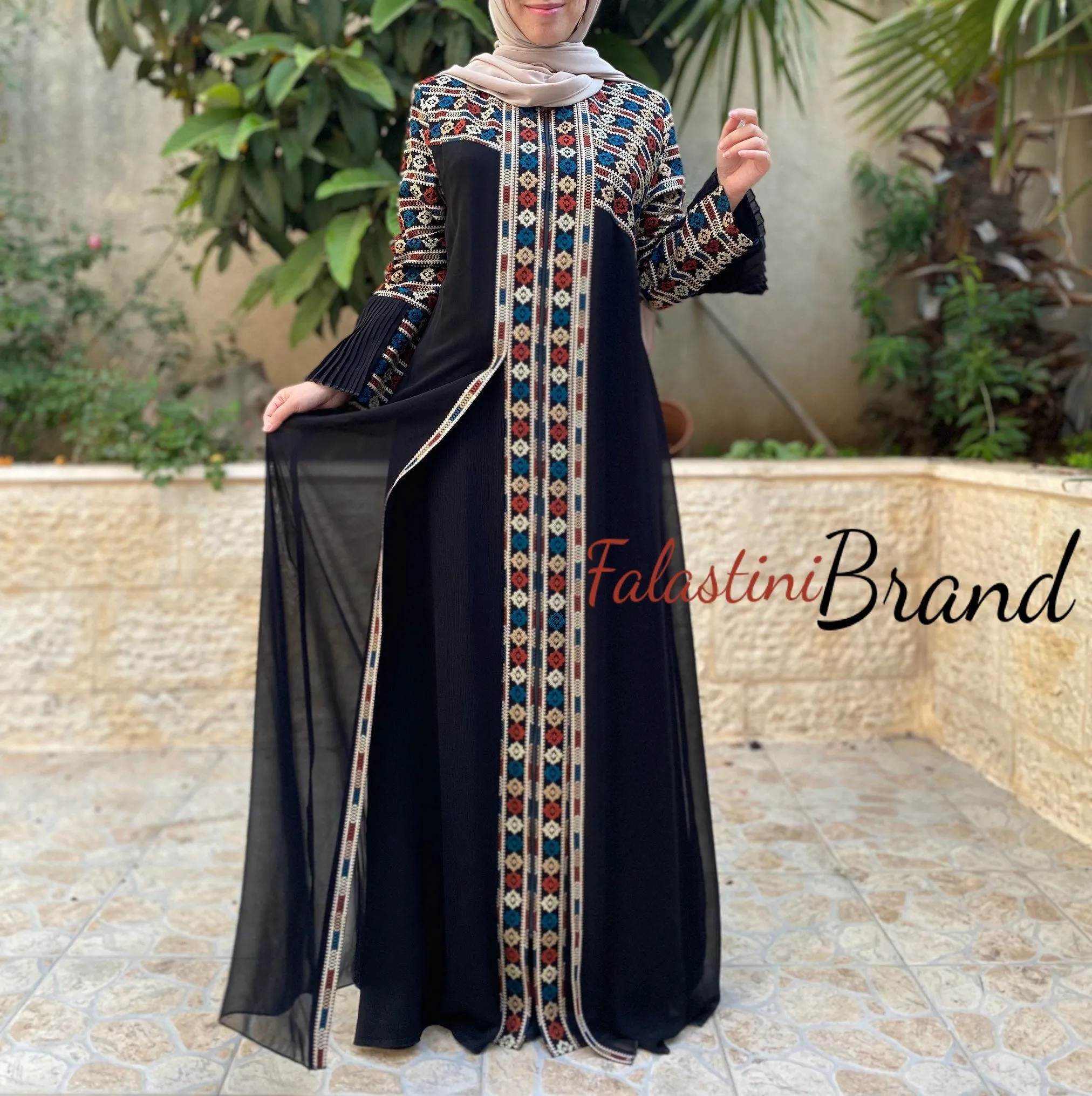 Soft Stunning Palestinian Embroidered Zipper Detail Abaya Asymmetric Embroidery