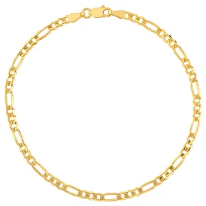 Solid 14K Yellow Gold or White Gold 3mm Concave Figaro Chain Bracelet with Lobster Lock, 8"