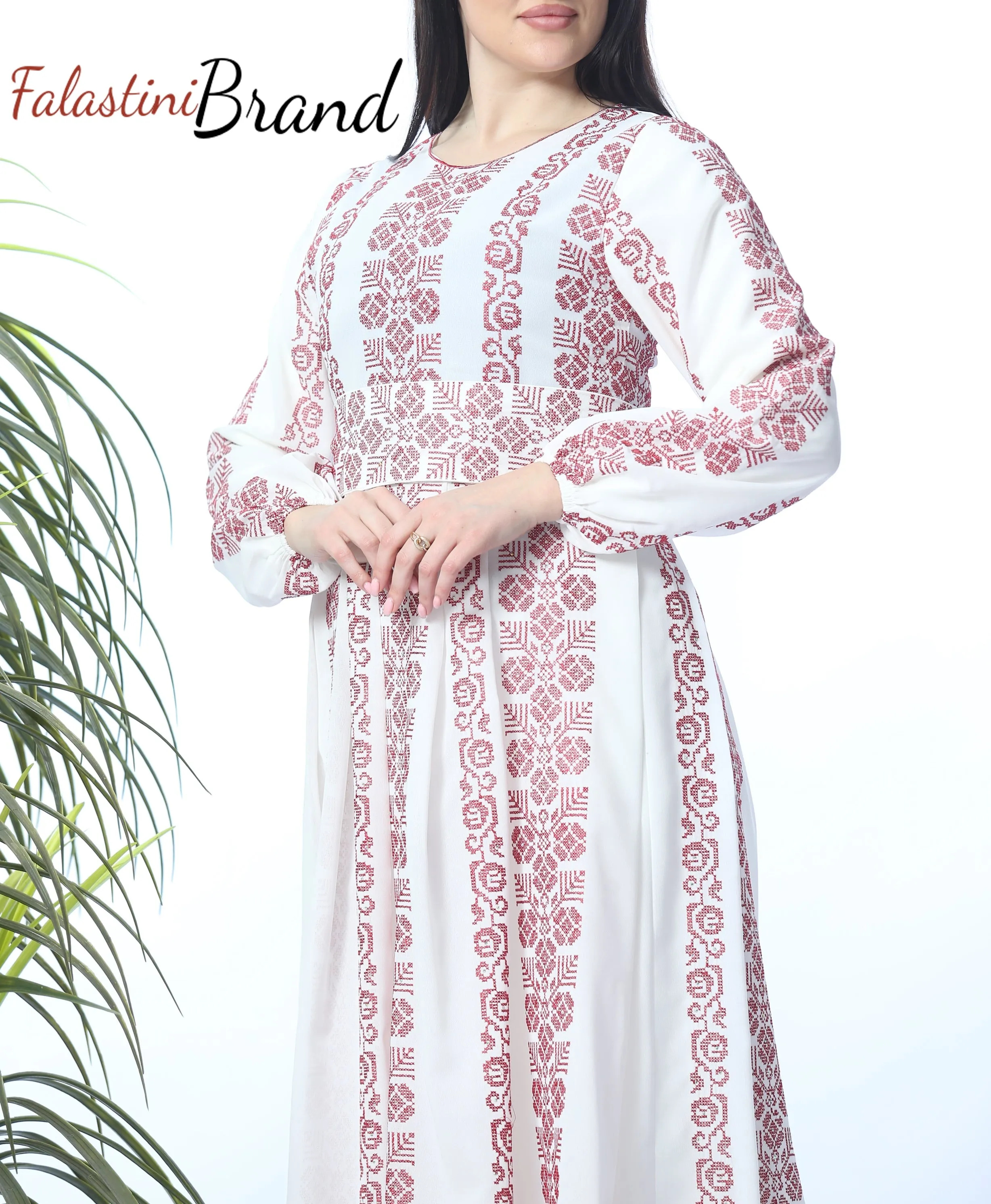 Stunning Multi Lines White And Red Palestinian Embroidered Thobe Dress Palestinian Design And Embroidery