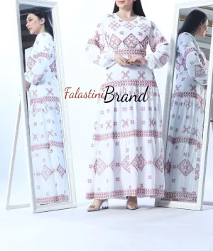 Stunning White And Red Cloche Long Dress Palestinian Embroidery