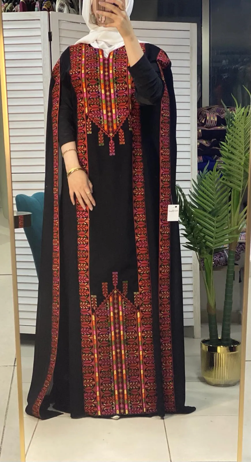 Stylish Black and Red Palestinian Embroidered Abaya Chiffon Dress with Back Layer