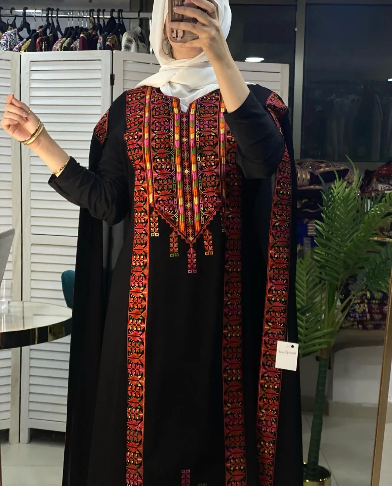 Stylish Black and Red Palestinian Embroidered Abaya Chiffon Dress with Back Layer