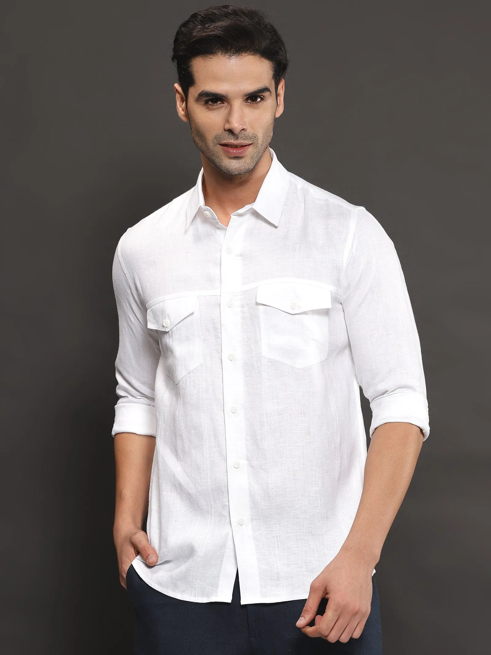 Thomas - Pure Linen Double Pocket Full Sleeve Shirt - White