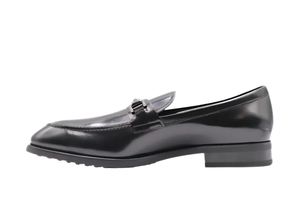 Tods Mens Black Leather Buckle Loafer Dress Shoe