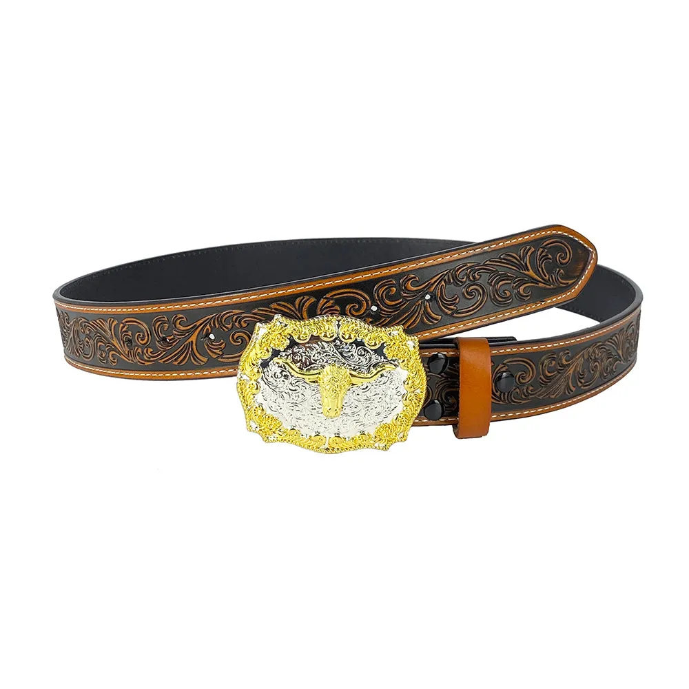 TOPACC Western Genuine Leather Pattern Tooled Belt- Longhorn Cow Belt Buckle Two Tone/Bronze