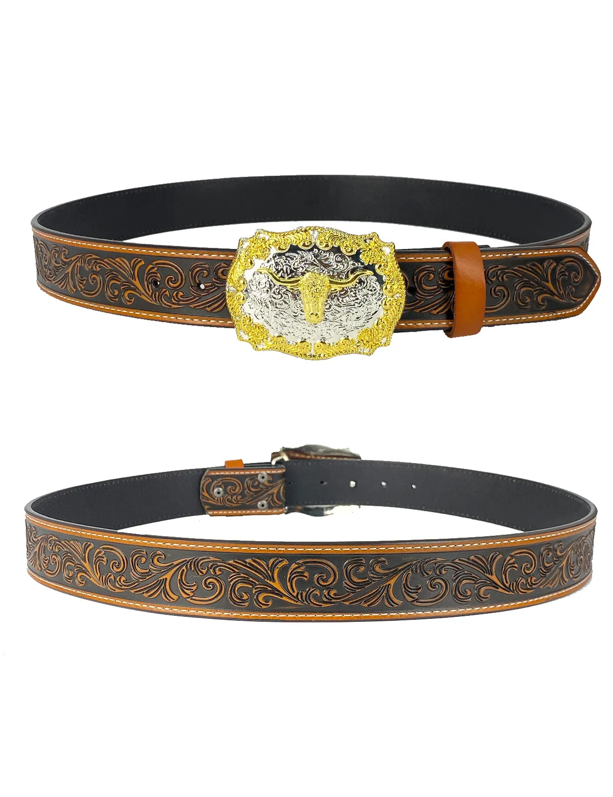 TOPACC Western Genuine Leather Pattern Tooled Belt- Longhorn Cow Belt Buckle Two Tone/Bronze