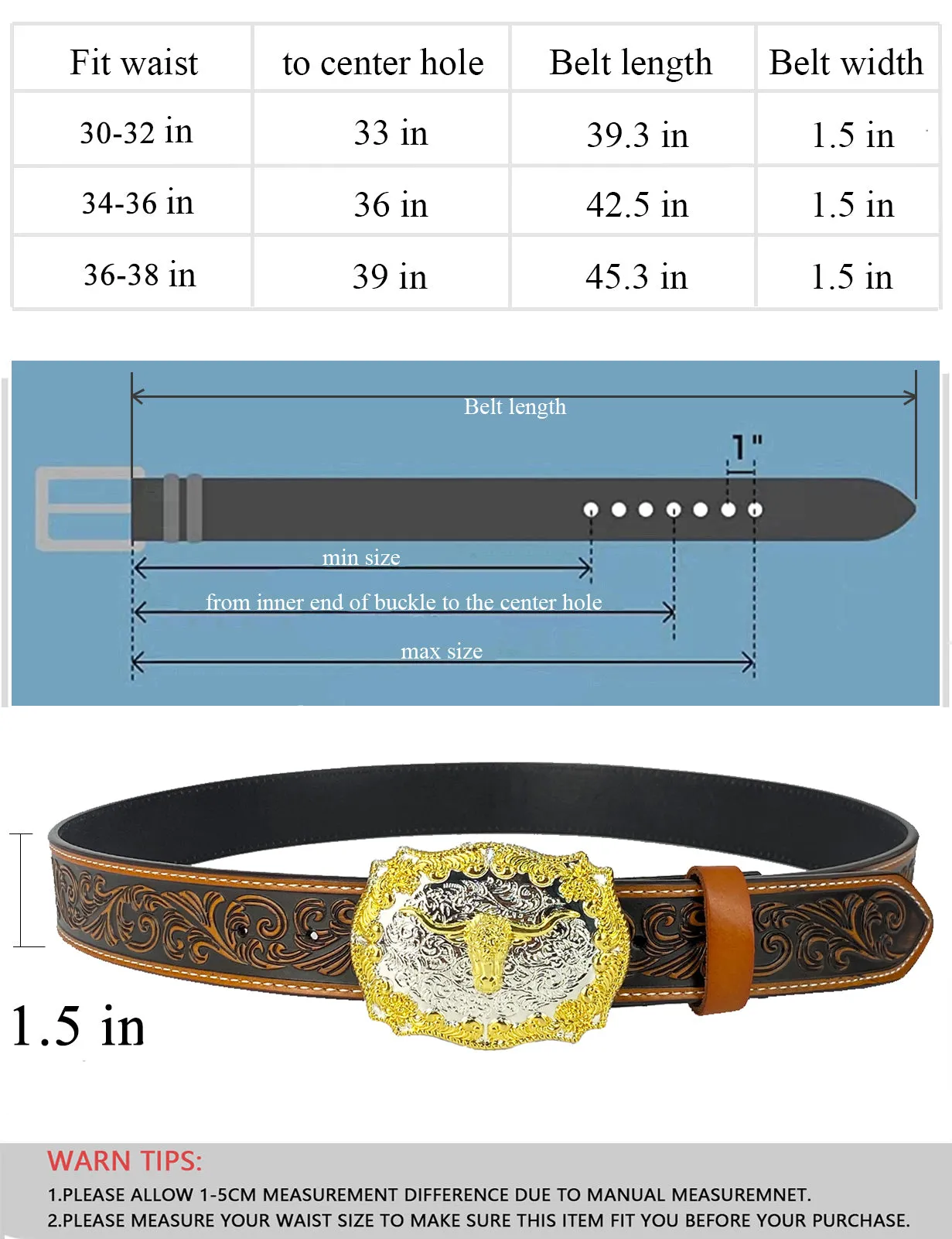 TOPACC Western Genuine Leather Pattern Tooled Belt- Longhorn Cow Belt Buckle Two Tone/Bronze