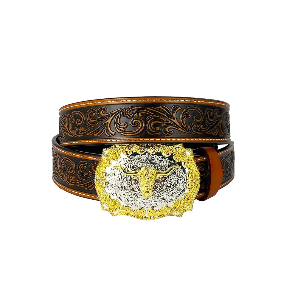 TOPACC Western Genuine Leather Pattern Tooled Belt- Longhorn Cow Belt Buckle Two Tone/Bronze