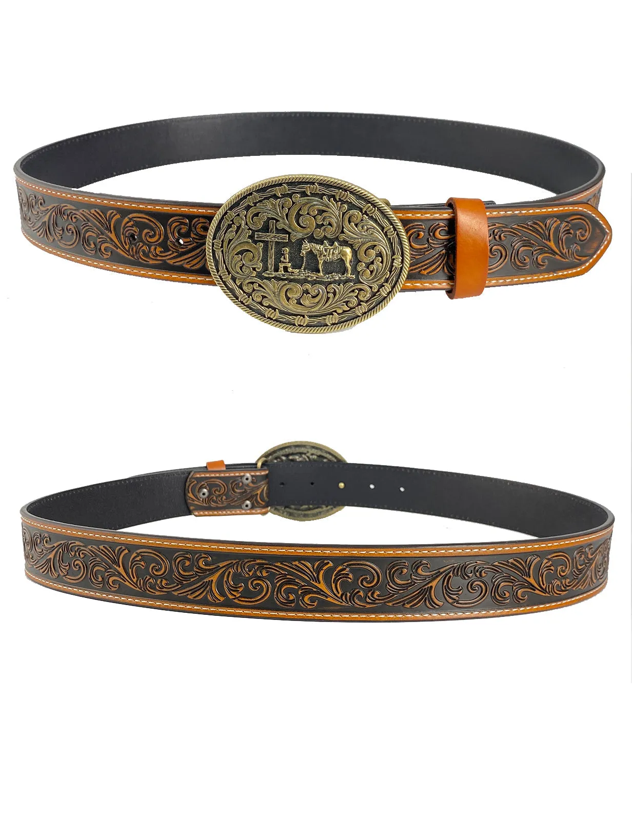 TOPACC Western Genuine Leather Pattern Tooled Belt-Prayer Cross Horse Belt Buckle Copper/Bronze