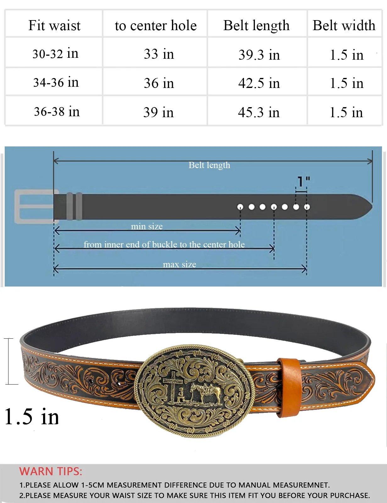 TOPACC Western Genuine Leather Pattern Tooled Belt-Prayer Cross Horse Belt Buckle Copper/Bronze