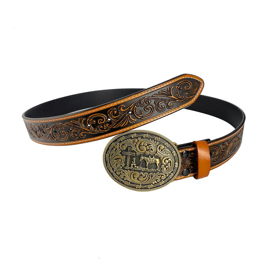 TOPACC Western Genuine Leather Pattern Tooled Belt-Prayer Cross Horse Belt Buckle Copper/Bronze