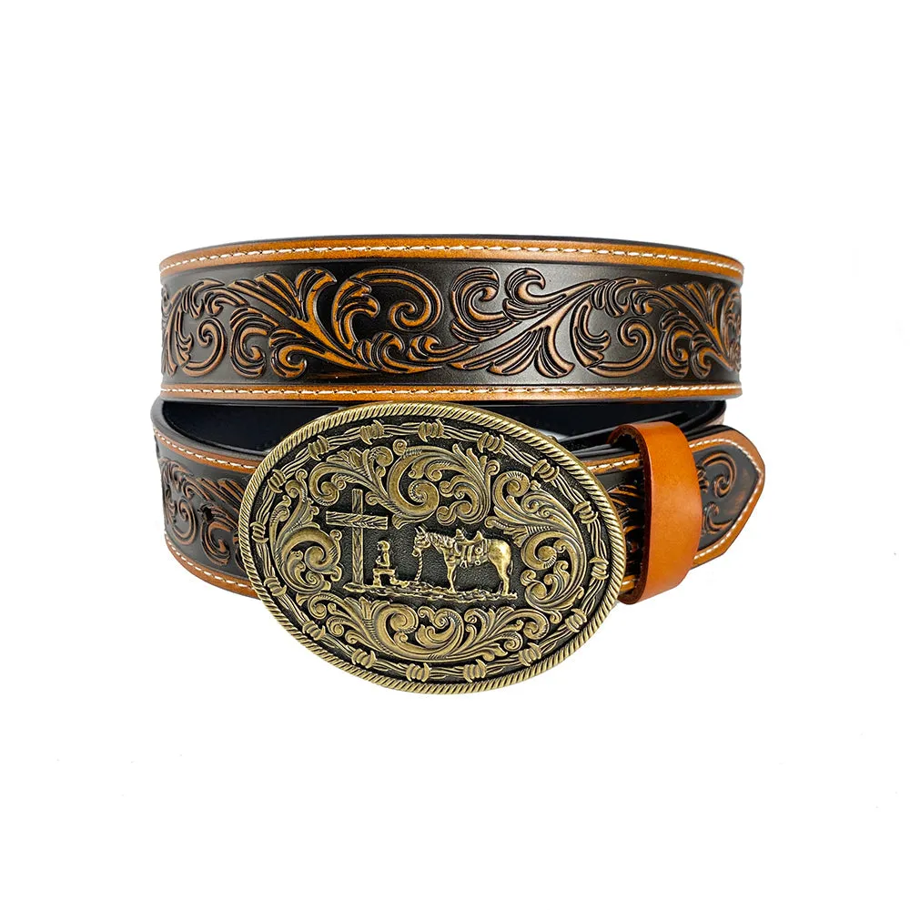 TOPACC Western Genuine Leather Pattern Tooled Belt-Prayer Cross Horse Belt Buckle Copper/Bronze