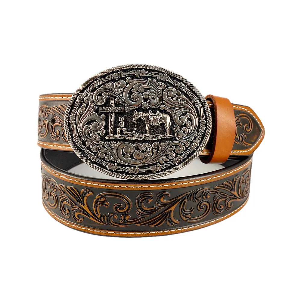 TOPACC Western Genuine Leather Pattern Tooled Belt-Prayer Cross Horse Belt Buckle Copper/Bronze