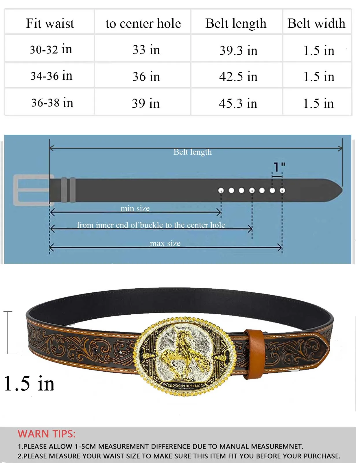 TOPACC Western Genuine Leather Pattern Tooled Belt-Southwest Collection Attitude Western Belt Buckle