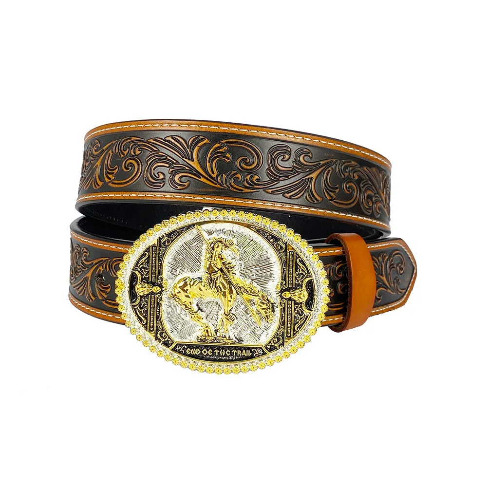 TOPACC Western Genuine Leather Pattern Tooled Belt-Southwest Collection Attitude Western Belt Buckle