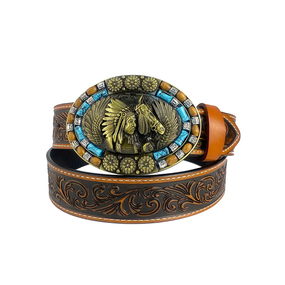 TOPACC Western Genuine Leather Pattern Tooled Belt-Turquoise Indians Belt Buckle Copper/Bronze