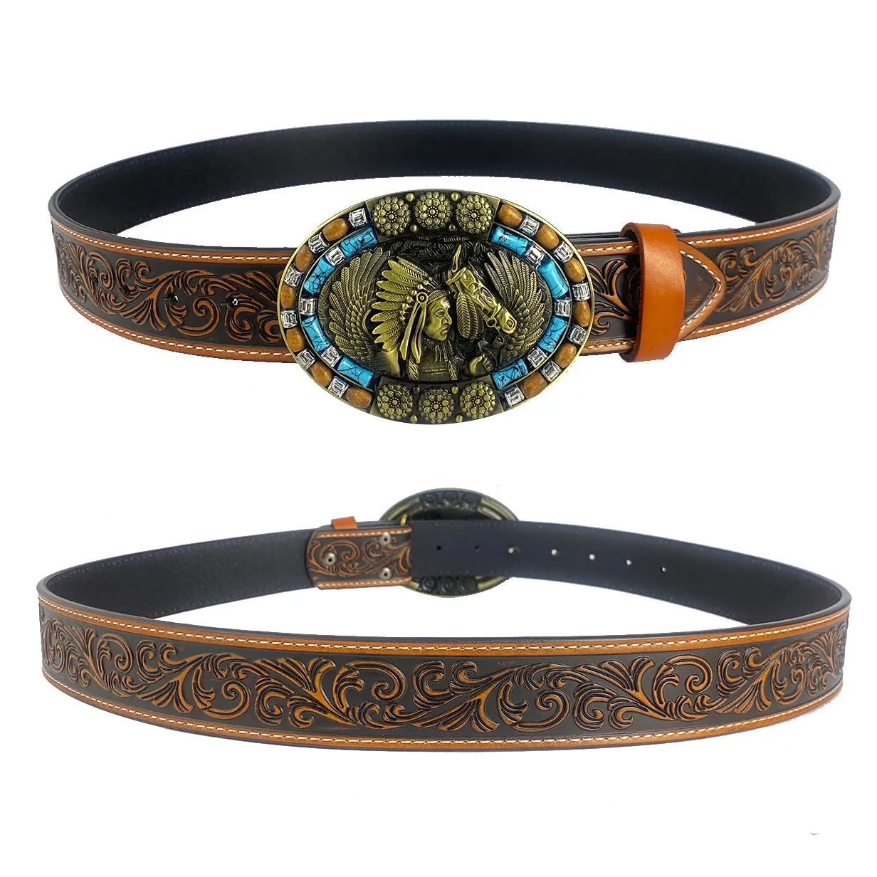 TOPACC Western Genuine Leather Pattern Tooled Belt-Turquoise Indians Belt Buckle Copper/Bronze