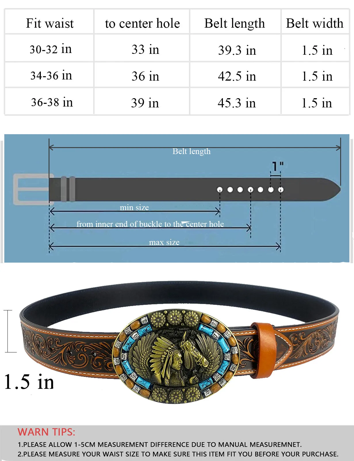 TOPACC Western Genuine Leather Pattern Tooled Belt-Turquoise Indians Belt Buckle Copper/Bronze