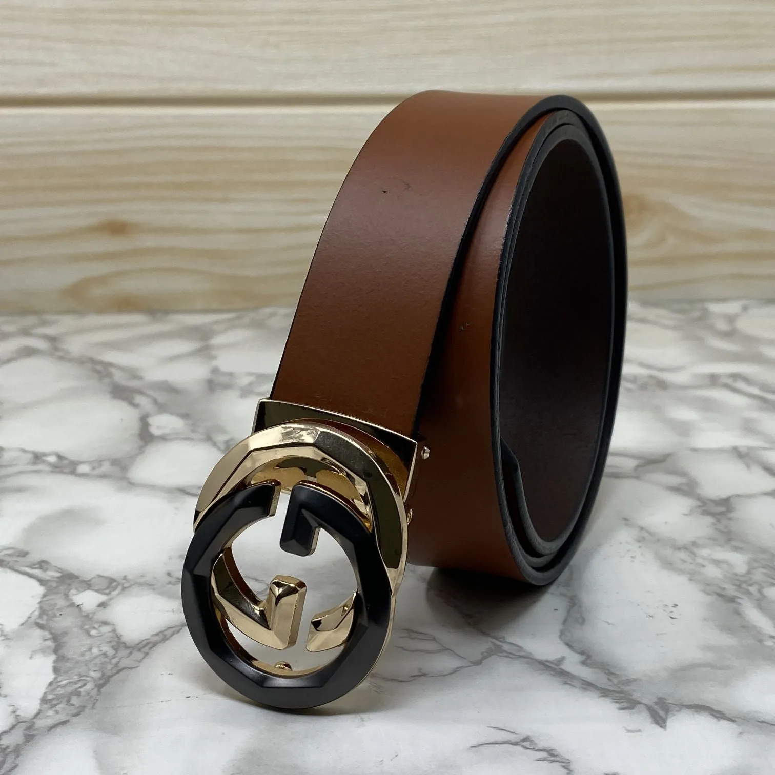 Two Tone Metal Round GG Leather Strap Belt-JonasParamount