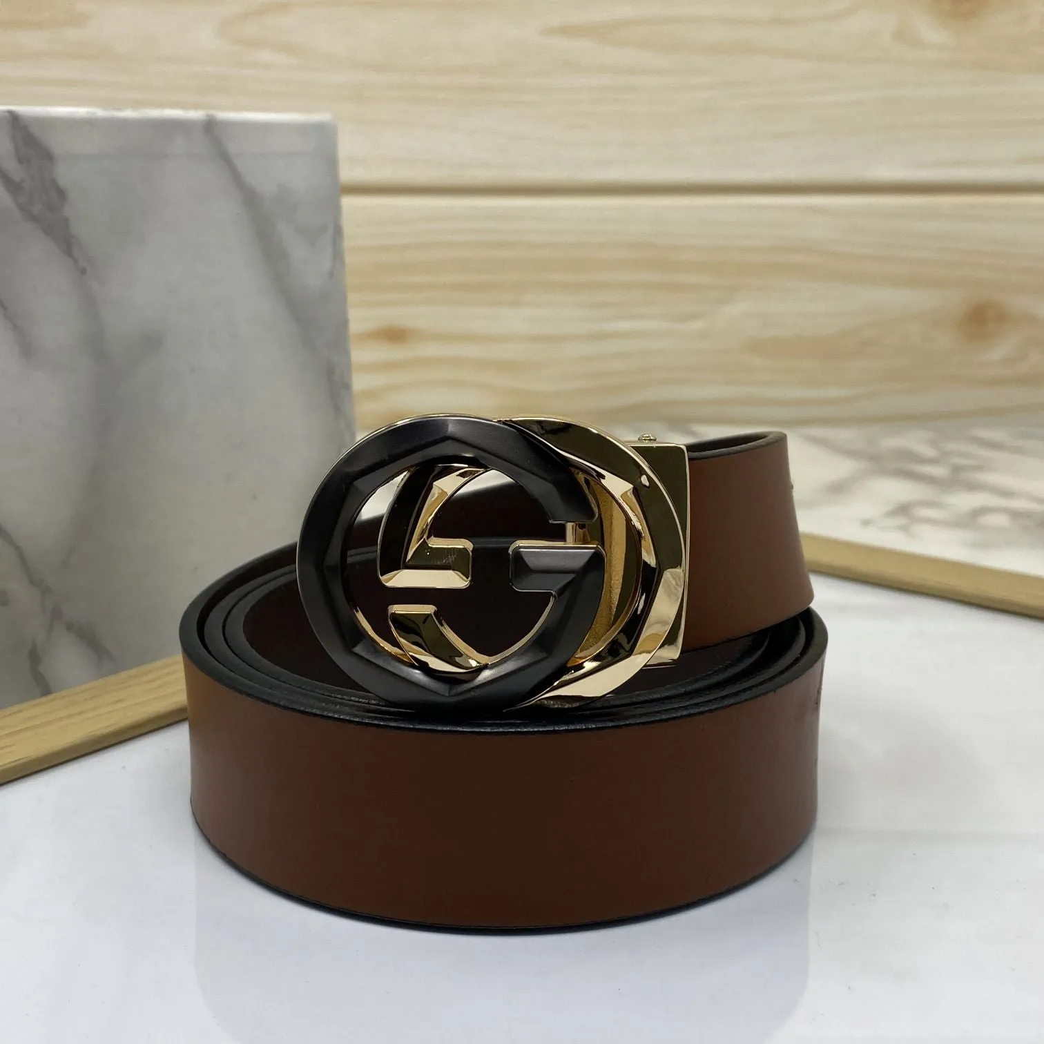 Two Tone Metal Round GG Leather Strap Belt-JonasParamount