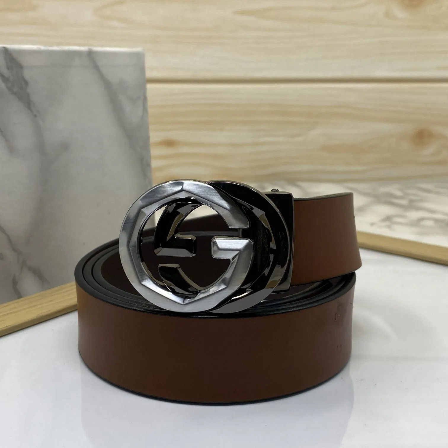 Two Tone Metal Round GG Leather Strap Belt-JonasParamount