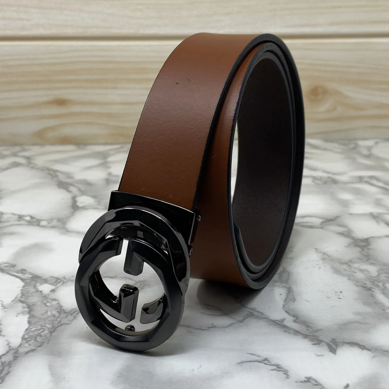 Two Tone Metal Round GG Leather Strap Belt-JonasParamount