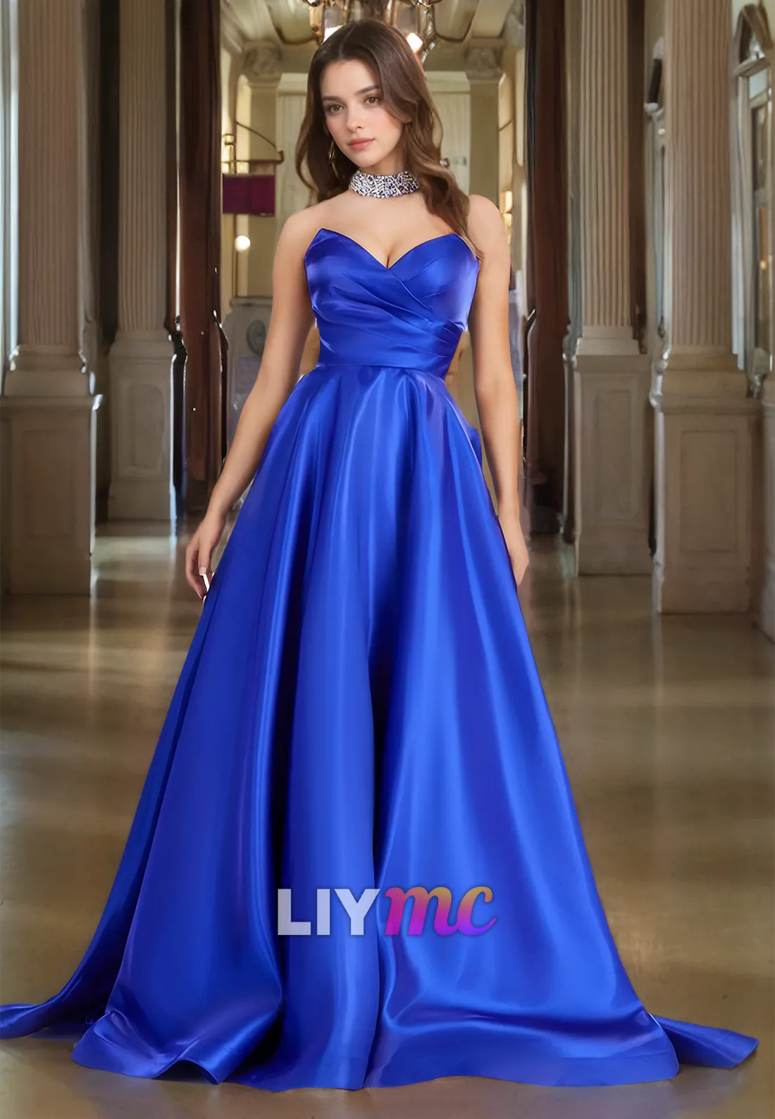 V-Neck Strapless Pleated Sleek Satin A-Line Prom Dress