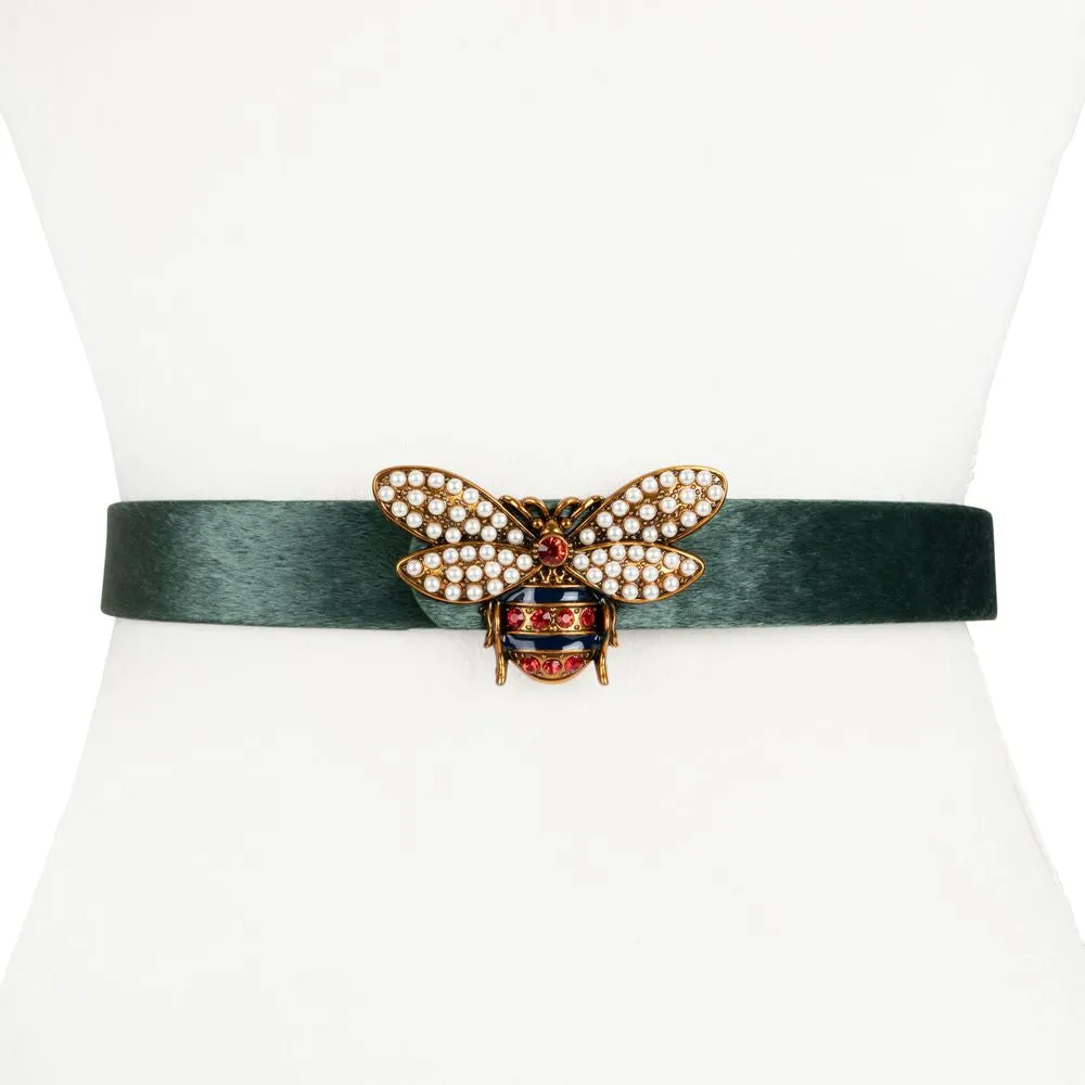 Vegan Pony Hair and Leather Waist Belt with Bee Buckle