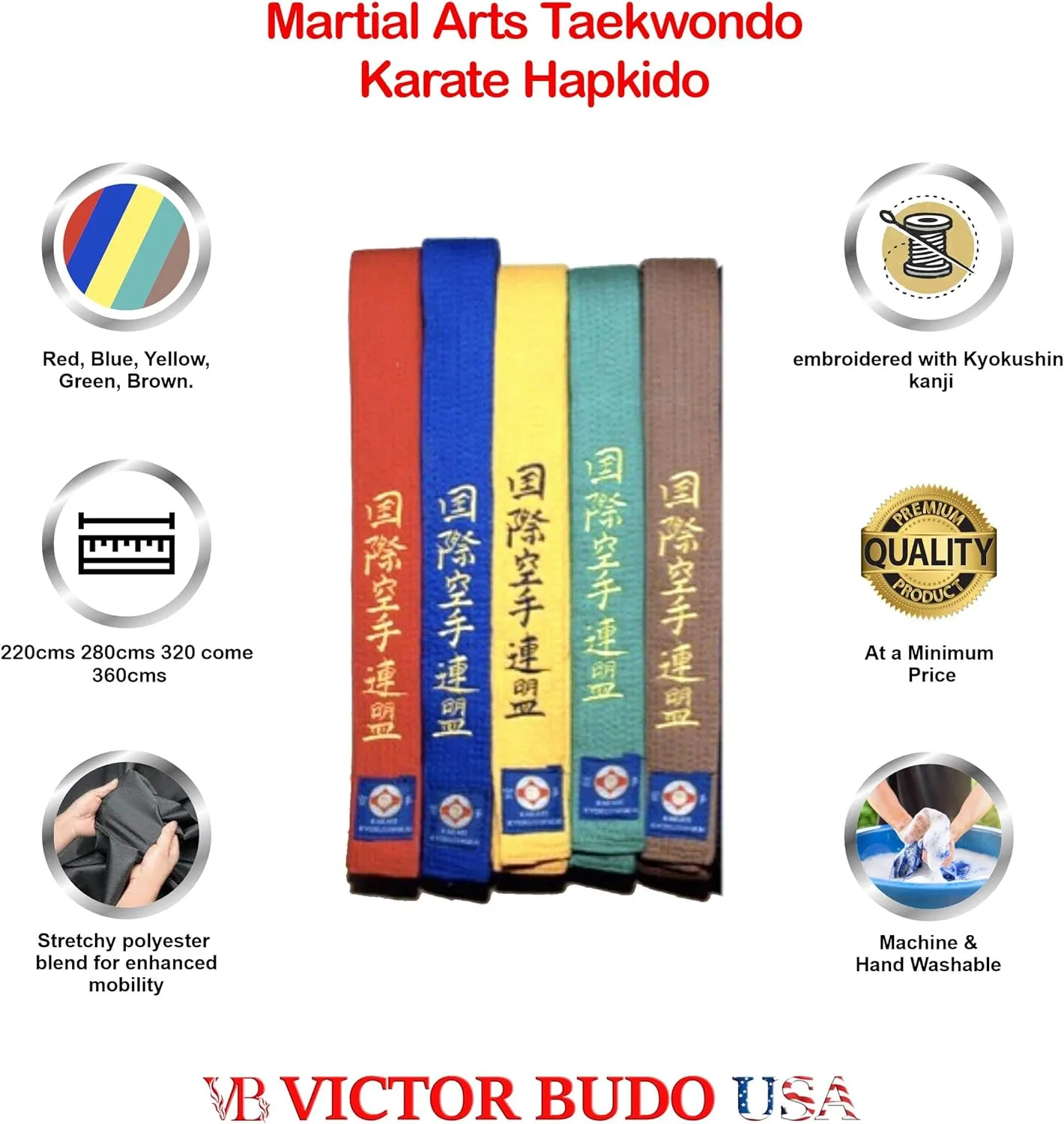 VICTORBUDO USA KYOKUSHIN EMBROIDERED KARATE BELT IN ALL COLORS