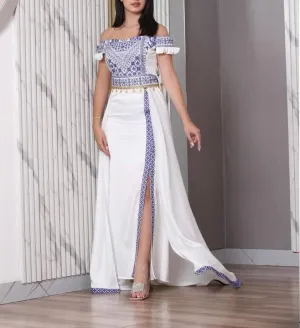 White and Blue Off-Shoulder Palestinian Embroidered Satin Dress with Coins Details