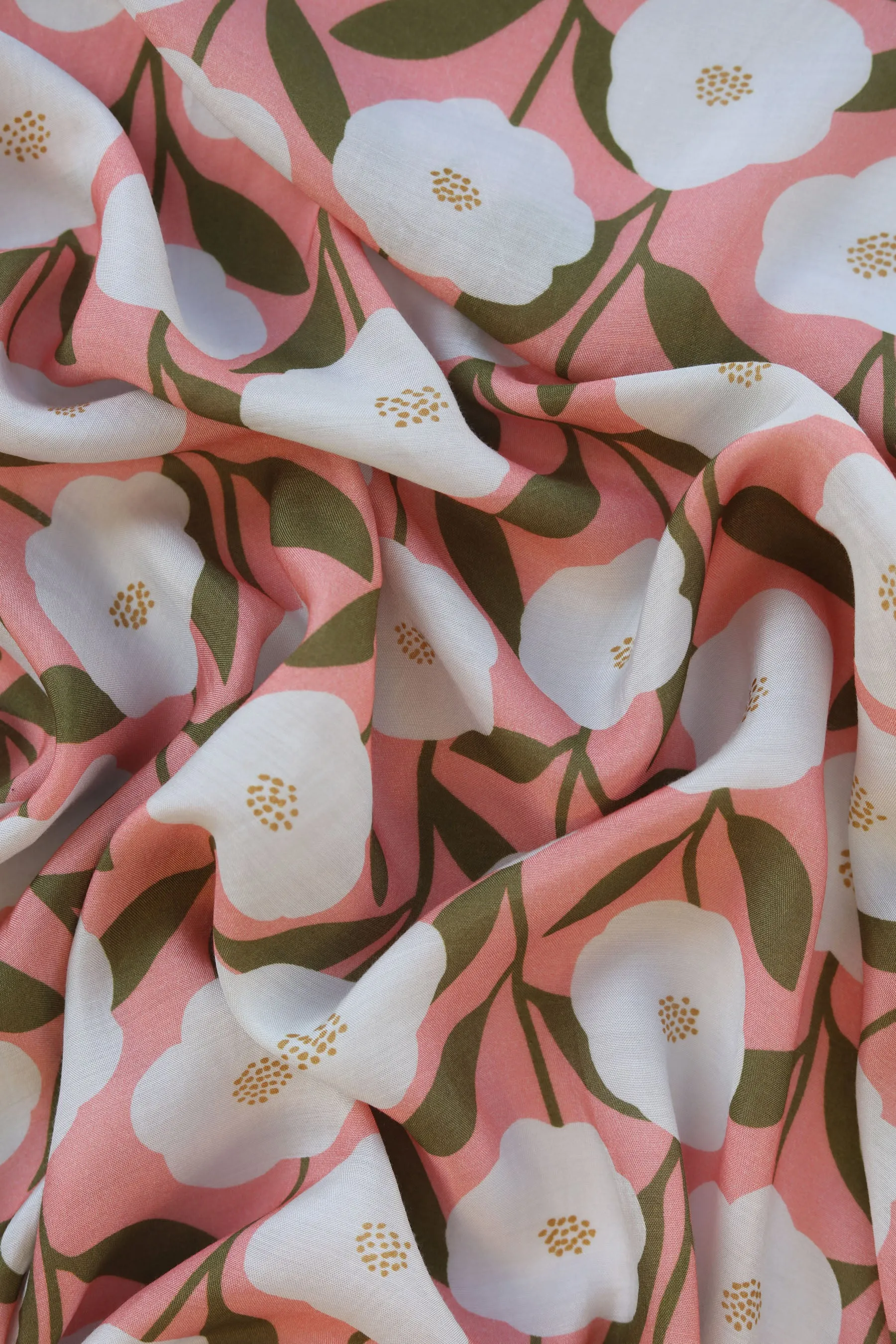 White and Coral Periwinkle Pattern Printed Natural Muslin Silk Fabric