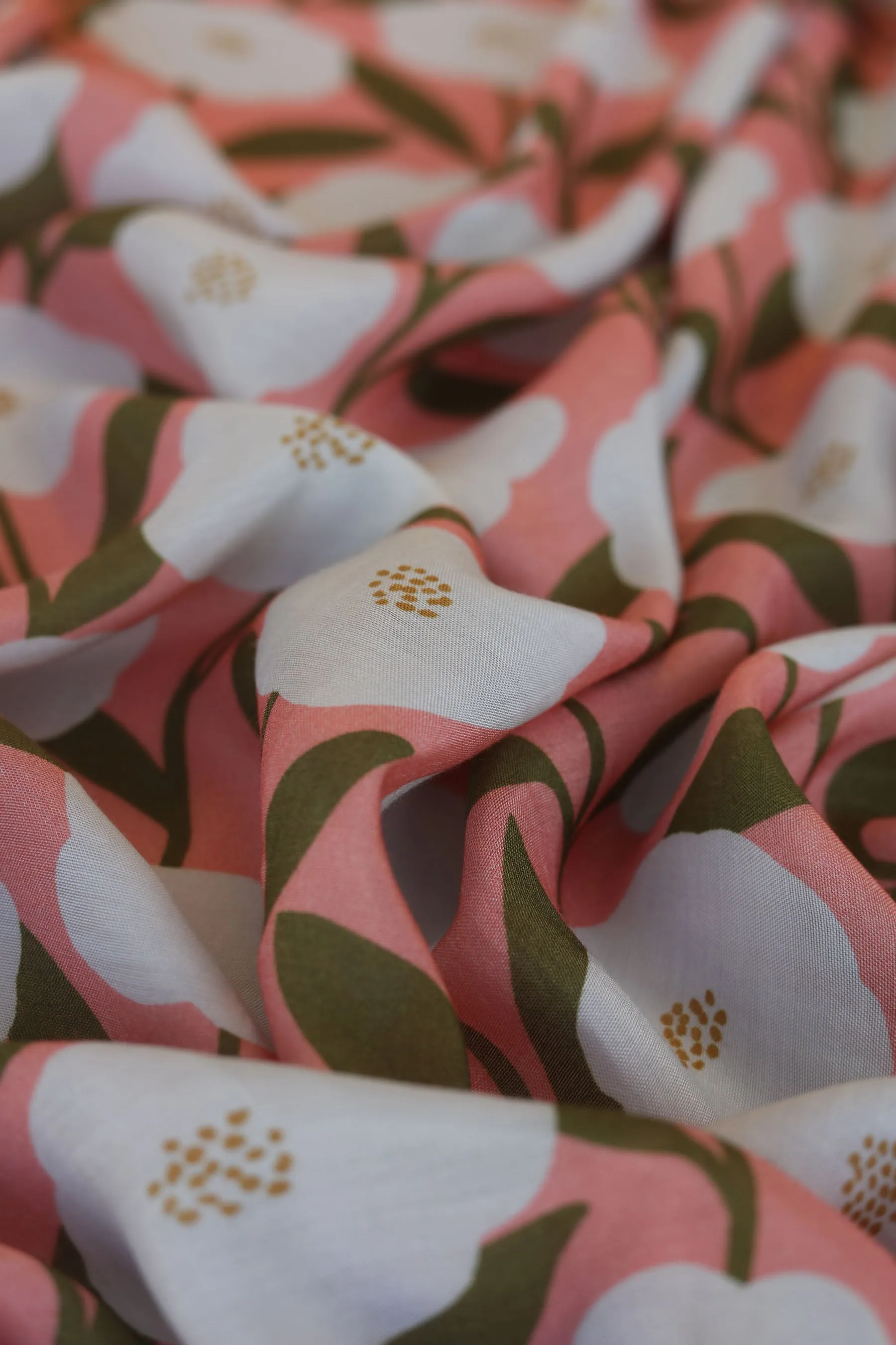 White and Coral Periwinkle Pattern Printed Natural Muslin Silk Fabric