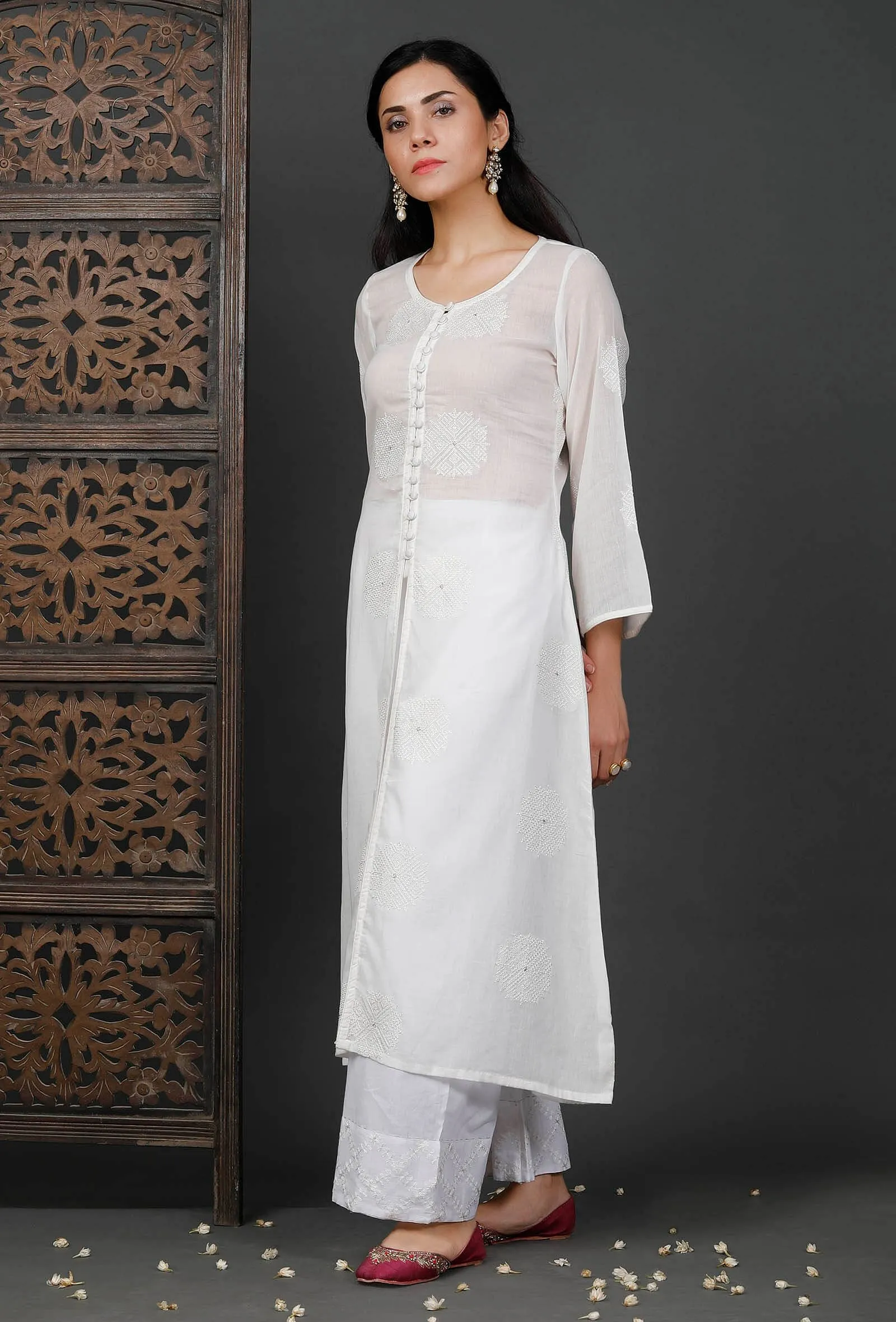 White Embroidered Front Open Kurta