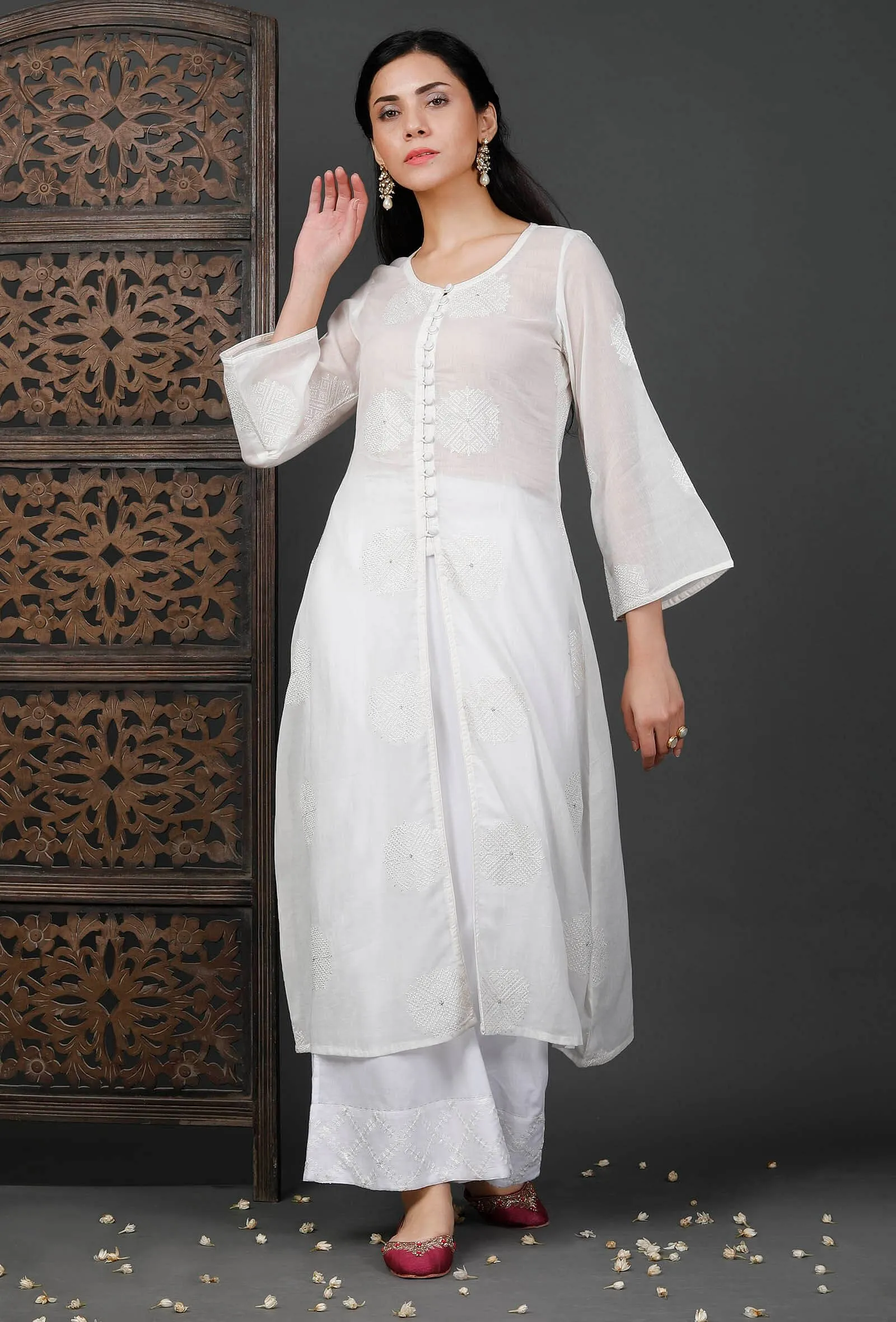 White Embroidered Front Open Kurta