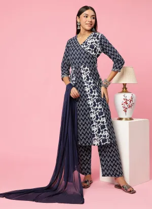 Women Navy Blue Floral Printed Kurta Comfort Pant Dupatta